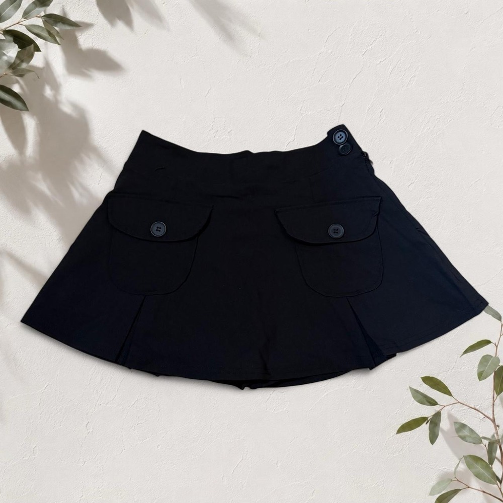 Love University Black Mini Skirt Skort Pockets Chunky Buttons Y2K Coquette S